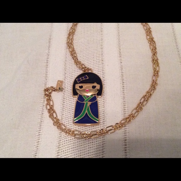 KATE SPADE ASIAN DOLL KANPAI BLUE KIMONO GIRL GOLD TONE NECKLACE - Picture 3 of 9
